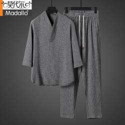 莫代尔 高档棉麻休闲家居服男运动透气夏季中国风V领修身中年爸爸两件套 422灰色套装 4XL