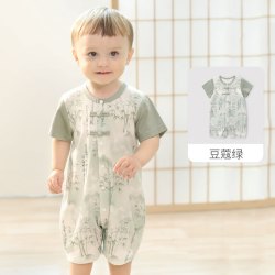 巴厘小猪 婴儿夏季连体衣新生儿短袖薄款哈衣初生儿国风爬爬服夏天宝宝衣服 豆蔻绿 80cm