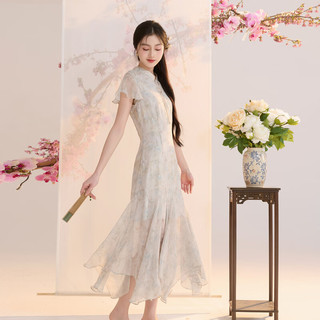 三彩 2026夏季新中式雪纺绣花中长连衣裙 C