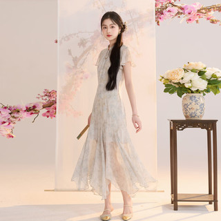 三彩 2026夏季新中式雪纺绣花中长连衣裙 C