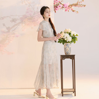 三彩 2026夏季新中式雪纺绣花中长连衣裙 C