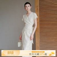 初蝉衣事 新中式国风亚麻连衣裙女2026夏季新款气质植物染剪花收腰修身长裙 云灰色 S （现货）
