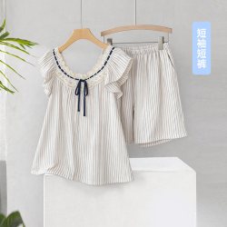 Toratani 纯棉双层纱文艺清新竖纹清凉无袖短裤女士睡衣