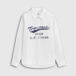 Gap 男女装2026春季款logo印花宽松条纹翻领长袖衬衫上衣854179