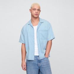Gap 男装夏季款古巴领口袋纯棉短袖浅色牛仔衬衫美版782718