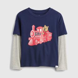 Gap 男幼童2026春季款印花logo假两件长袖T恤儿童上衣美版884072