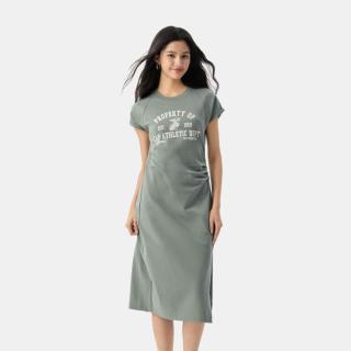 Gap 女装夏季款纯棉印花logo收腰抽褶开叉短袖连衣裙764855