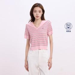 Gap 女装夏季款彩色条纹肌理针织衫翻领短袖罗纹上衣637949