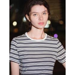 navigare 意大利小帆船 春夏复古风条纹圆领针织短袖T恤女