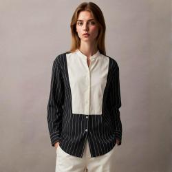 Massimo Dutti 高级感黑白撞色条纹衬衫立领拼接宽松通勤款女式衬衫