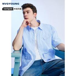 navigare [纯棉]小帆船26春夏新款短袖条纹外套衬衫百搭休闲开衫上衣