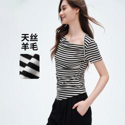 navigare 意大利小帆船春夏荡领条纹斜肩短t薄款T恤女