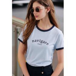 navigare 意大利小帆船 春季弹力舒适撞色圆领短t都市休闲短袖字母T恤女