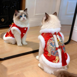 阿莫尔 小猫咪衣服新年喜庆唐装加厚保暖银英布蓝防掉毛狗狗秋冬宠物服饰