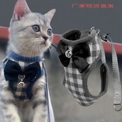 猫咪外出高颜值遛猫绳子不勒脖子小型背带式英伦风牵引绳宠物用品