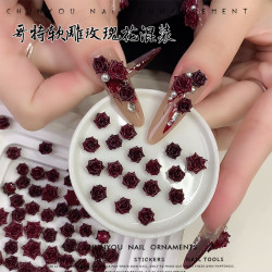新款哥特软雕玫瑰花美甲饰品高级玫瑰花安可拉红玫瑰花指甲配饰