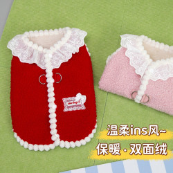 宠物狗狗衣服猫咪新年绒马甲秋冬新款泰迪比熊可爱花边领保暖绒衣