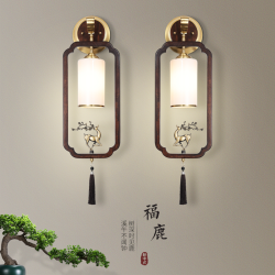 新中式壁灯全铜实木客厅背景墙灯具中国风禅意一对福鹿卧室床头灯