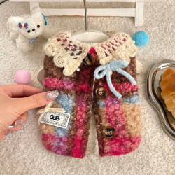 冬新款加厚提花毛绒圈圈呢料宠物狗狗猫咪保暖衣服蕾丝领开衫背心