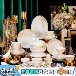 铭亦 碗盘餐具整套 景德镇碗具碟子套装乔迁之喜陶瓷礼盒浮光跃金72头