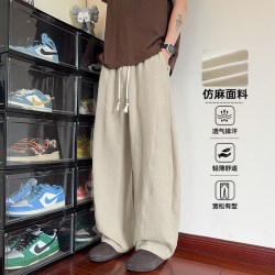 月伊纺 夏季新款大码直筒裤男宽松百搭仿麻拼接大码拖地弯刀裤青年休闲裤