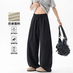 月伊纺 夏季新款男士宽松薄款直筒休闲裤子青年长裤老钱风拼接仿麻弯刀裤