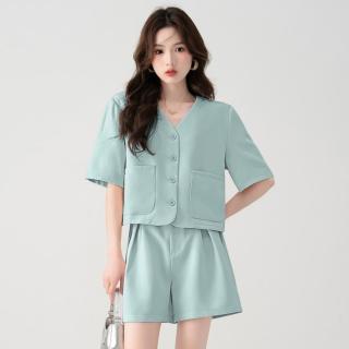 真维斯 小香风高级感套装女夏季小个子纯色上衣阔腿短裤两件套