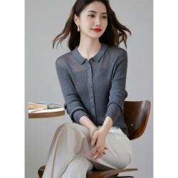 姿子 春夏款时尚简约红色透肤翻领打底针织衫