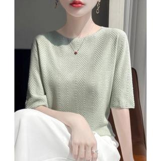 茵可可 含桑蚕丝鱼骨纹针织圆领中袖打底衫女春夏高级感短袖内搭t恤上衣
