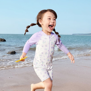 巴拉巴拉 儿童泳衣男童女童宝宝2026年夏新分体泳装防晒耐氯泳衣裤卡通套装 紫白色调 长袖 100