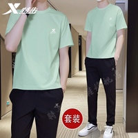 特步 运动套装男夏季凉感速干薄款休闲两件套健身房跑步服宽松短袖长裤 清醒绿（短袖+梭织长裤） L/175