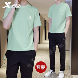 特步 运动套装男夏季凉感速干薄款休闲两件套健身房跑步服宽松短袖长裤 清醒绿（短袖+梭织长裤） L/175