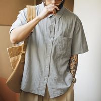 马登 日系复古褶皱肌理感亚麻短袖衬衫男夏季薄款外套外贸男装休闲衬衣