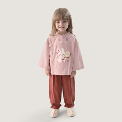 巴厘小猪 女童汉服套装儿童两件套春秋季新中式纯棉分体衣服 虾玉粉 90