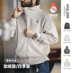 马登 工装美式休闲雪花灰连帽卫衣插肩袖加绒拉链运动开衫外套男秋