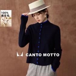 CANTO MOTTO 春秋季法式软糯撞色木耳边领单排扣女式羊毛衫毛衣 藏青色 L