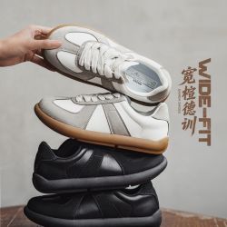 马登 宽楦德训鞋情侣款经典休闲百搭女鞋复古潮流透气软底宽头运动鞋 黑色 35