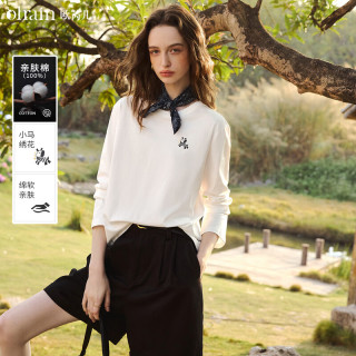 OLRAIN 简约撞色小马绣花休闲长袖T恤女春季2026新款纯棉圆领上衣 米白色 S