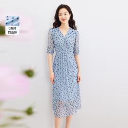 Koradior 2024春秋季V领印花设计感收腰气质时尚中长款连衣裙裙子女