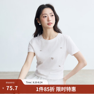 茵曼 白色短袖t恤女2026新款重工绣花圆领修身显瘦上衣女 白色 S