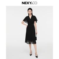 NEXY.CO 夏季商务通勤时尚拼接气质小黑裙西装领绞综连衣裙女