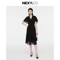 NEXY.CO 夏季商务通勤时尚拼接气质小黑裙西装领绞综连衣裙女