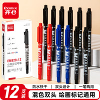 齐心 双头一粗一细记号笔防水油性办公学生笔12支盒(8黑2蓝2红) EM829双头记号笔绘画标记防水防油快干
