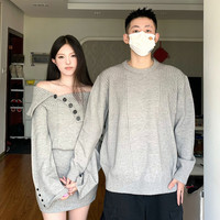 情侣装秋冬高级灰大翻领露肩毛衣连衣裙韩版辣妹气质针织一男一女