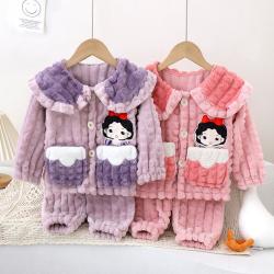 女童加绒秋冬季节女宝可爱加厚保暖珊瑚绒休闲家居服女孩两件套暖
