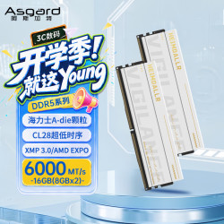 阿斯加特 16GB(8GBx2) DDR5 6000 台式机内存条 海姆达尔 马甲条 海力士A-die CL28 极地白