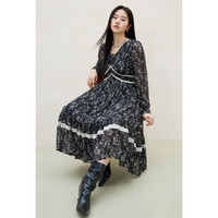 独束 大码女装飘逸伞摆印花连衣裙女春装时尚设计感中长款裙子