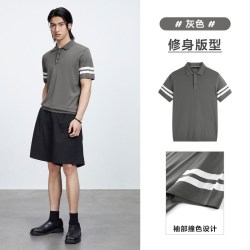 太平鸟 男装 polo衫男休闲灰色条纹翻领T恤