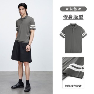 太平鸟 男装 polo衫男休闲灰色条纹翻领T恤