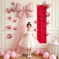寻年味 公主生日背景布置粉色蝴蝶结纱幔气球红色条幅女童生日拍照道具10